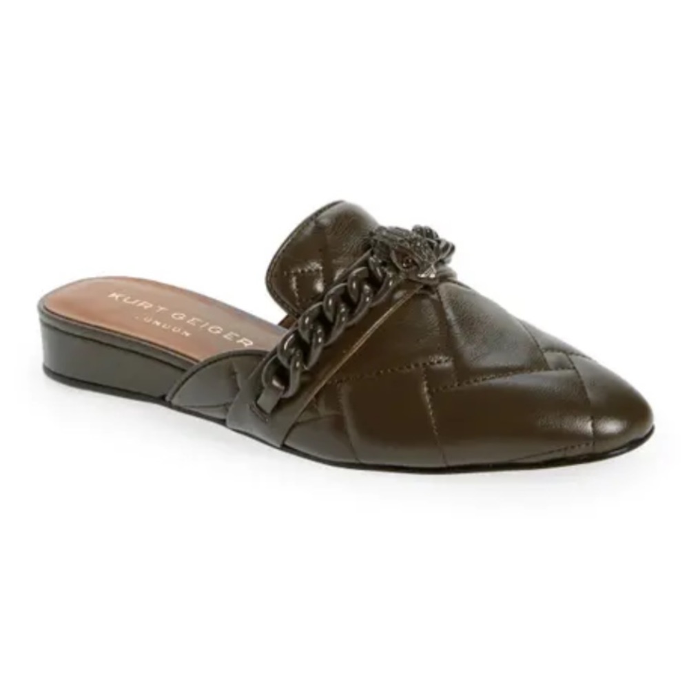 Kurt Geiger Dark Olive Quilted Leather Chain-Trim Slide Mules